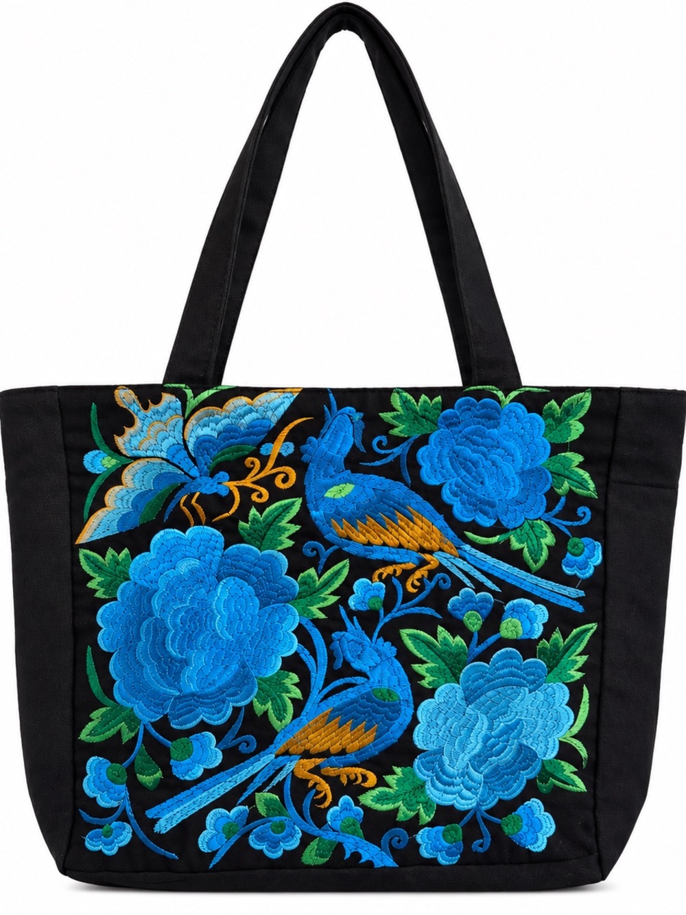 Black Tote with Blue Floral & Bird Embroidery